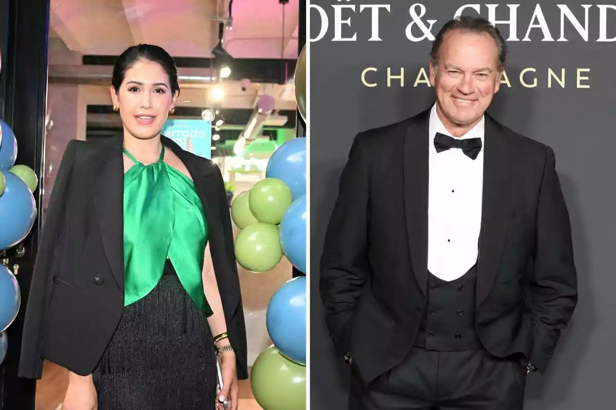Gabriela Guillén y Bertín Osborne posan en eventos diferentes; la persona a la izquierda lleva un atuendo verde y negro con globos de fondo, mientras que la persona a la derecha viste un esmoquin negro frente a un fondo con texto. Gabriela Guillén y Bertín Osborne posan en eventos diferentes; la persona a la izquierda lleva un atuendo verde y negro con globos de fondo, mientras que la persona a la derecha viste un esmoquin negro frente a un fondo con texto.