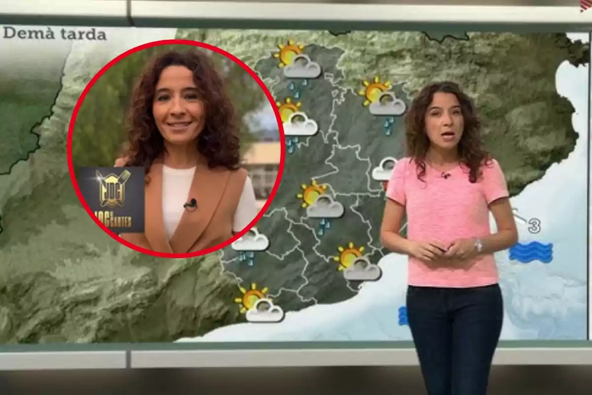 Una presentadora del clima està dreta davant d'un mapa meteorològic que mostra pronòstics de pluja i sol a diferents regions, mentre que en un requadre es veu la mateixa persona somrient amb un micròfon a la solapa.