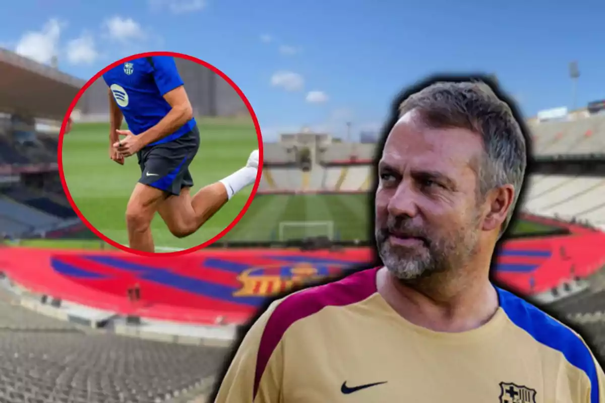 Un hombre con camiseta de fútbol en un estadio con un recuadro de un jugador corriendo.