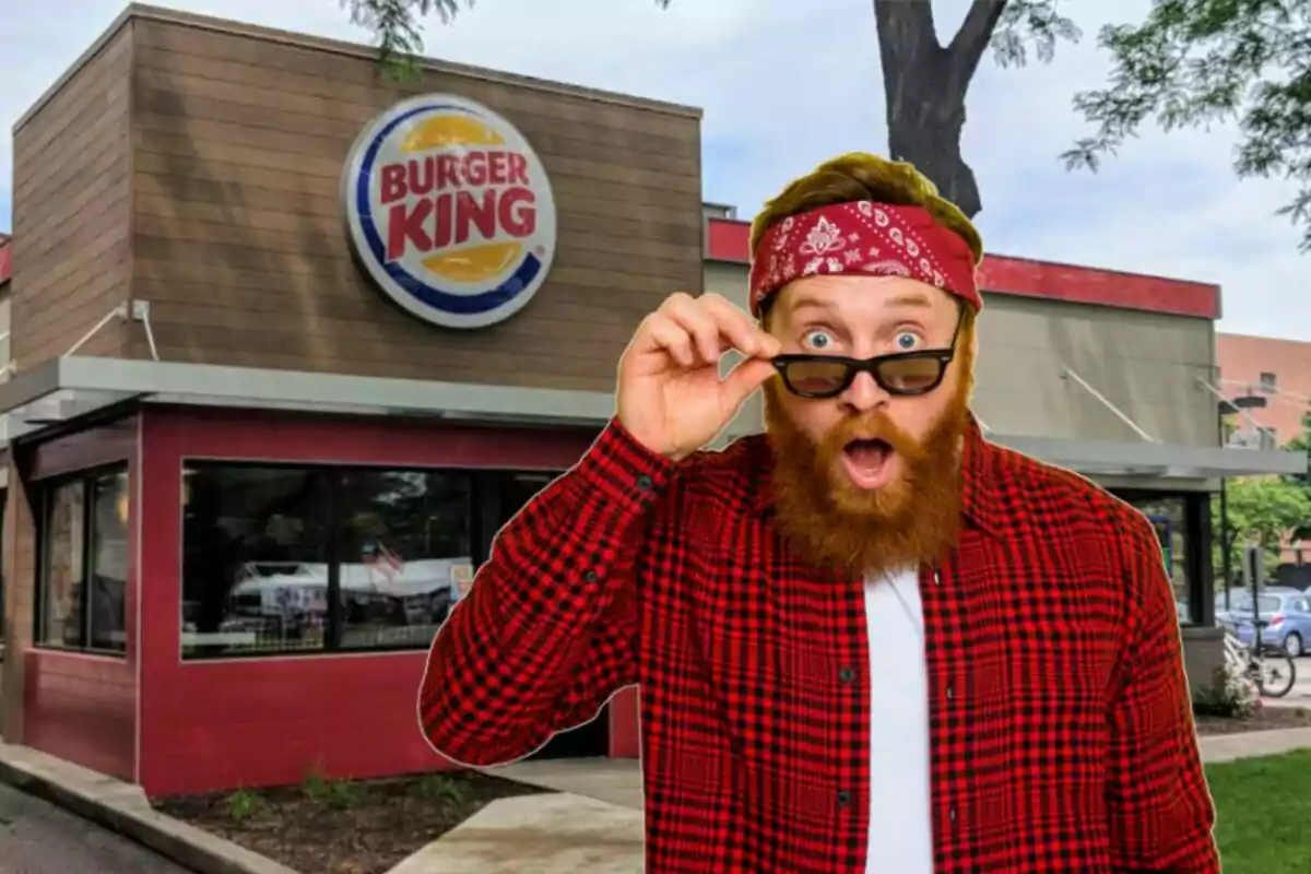 Home amb barba i camisa de quadres vermells sorprès davant d’un restaurant de Burger King