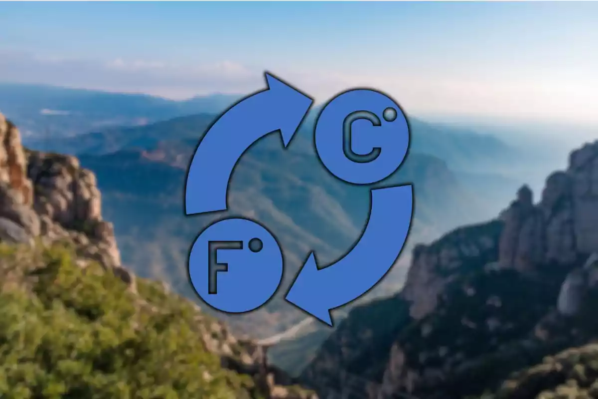 Icono de conversión de temperatura entre Celsius y Fahrenheit sobre un paisaje montañoso desenfocado.