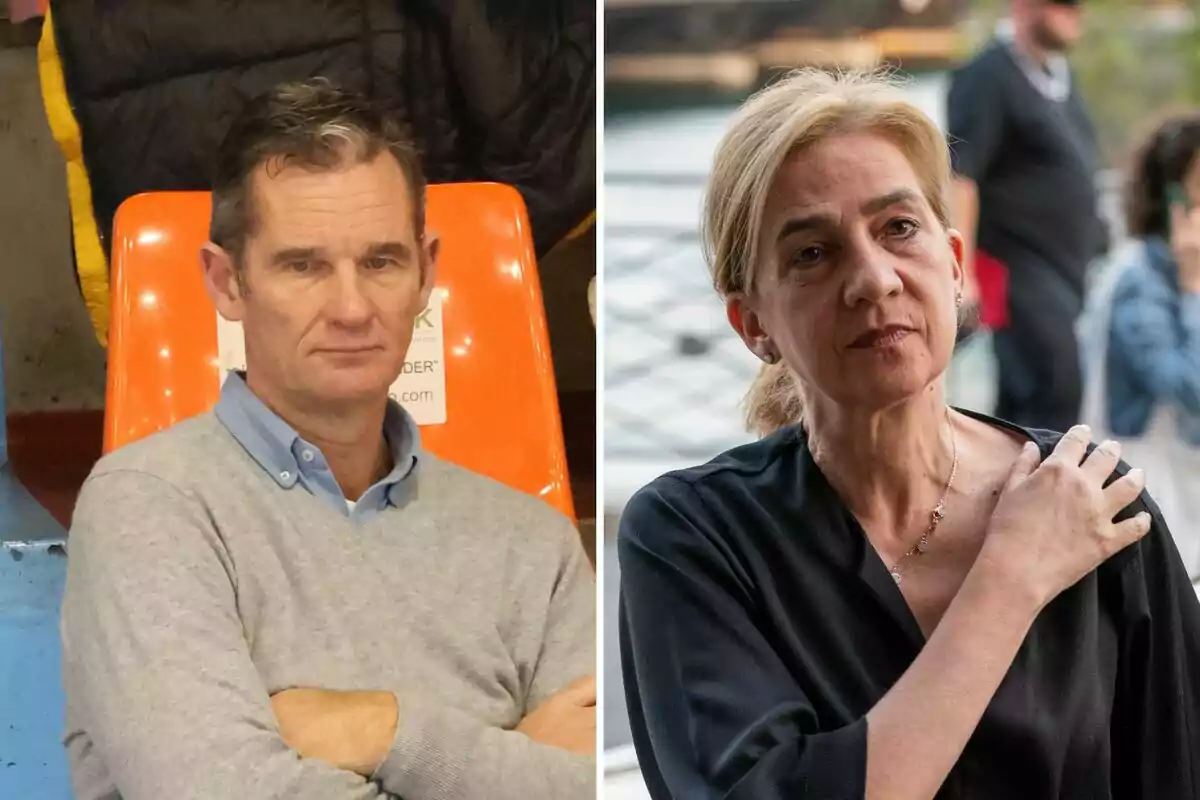 Iñaki Urdangarin i la infanta Cristina, un home i una dona, a diferents entorns, l'home està assegut en una cadira taronja i la dona està a l'aire lliure. Iñaki Urdangarin i la infanta Cristina, un home i una dona, a diferents entorns, l'home està assegut en una cadira taronja i la dona està a l'aire lliure.