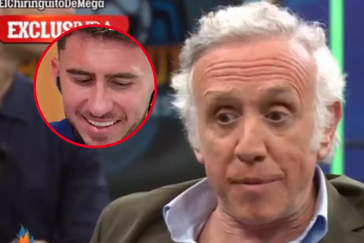 Un hombre de cabello canoso en un programa de televisión con un recuadro que muestra a otro hombre sonriendo.