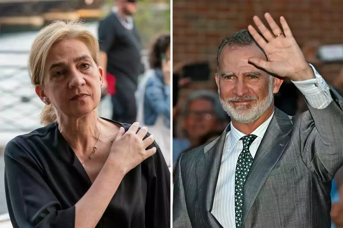 Montaje de la infanta Cristina seria con el pelo recogido, la mano en el hombro y una blusa negra y Felipe VI sonriendo mientras saluda con un traje gris y corbata negra y azul Montaje de la infanta Cristina seria con el pelo recogido, la mano en el hombro y una blusa negra y Felipe VI sonriendo mientras saluda con un traje gris y corbata negra y azul