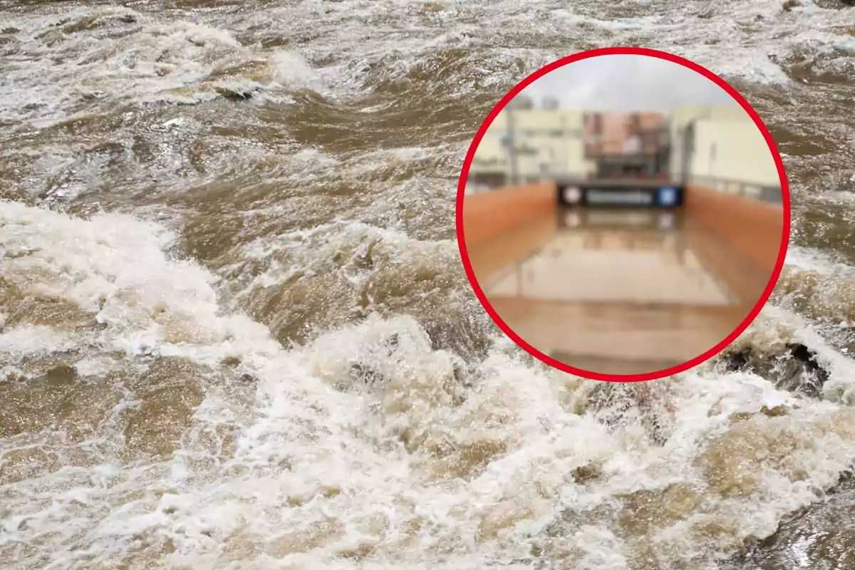 Inundación con agua turbia y un recuadro que muestra una calle anegada.