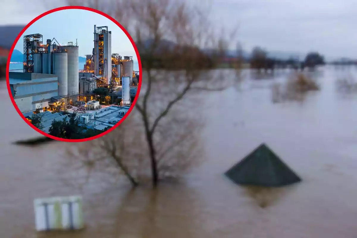 Una planta industrial rodeada por un círculo rojo sobre un fondo de paisaje inundado con árboles y estructuras parcialmente sumergidas.