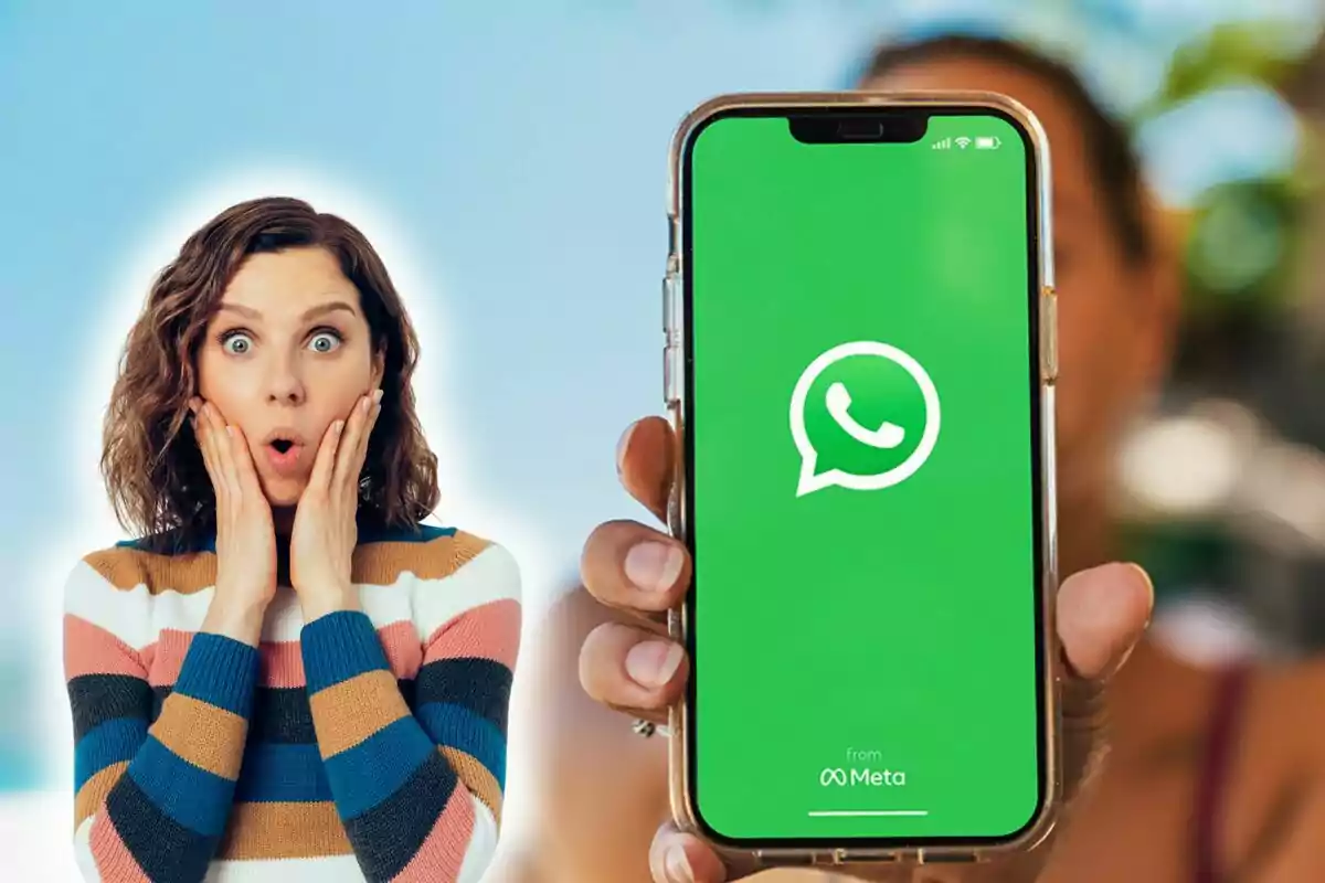 Mujer sorprendida junto a un teléfono que muestra el logo de WhatsApp.