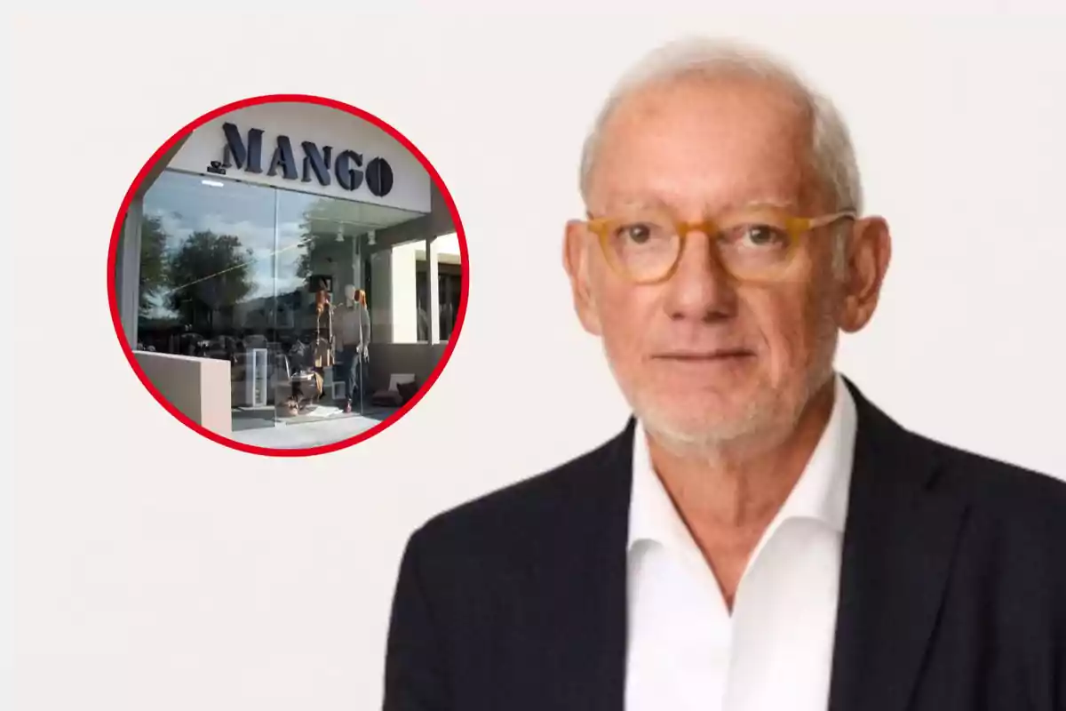 Un hombre con gafas y cabello canoso está frente a un fondo blanco, con una imagen circular de una tienda Mango a su lado.