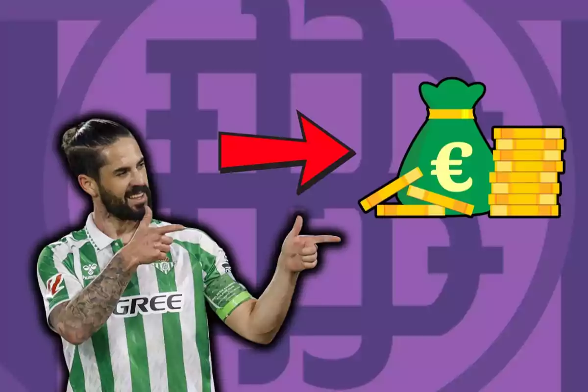 Un jugador de fútbol con uniforme verde y blanco señala hacia un icono de dinero con un fondo morado.