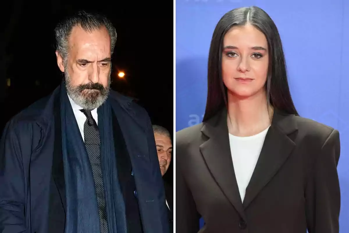 Two people in a split image, one on the left with a beard and gray hair, wearing a dark coat and scarf, and the other on the right with long dark hair, wearing a formal suit against a blue background. Two people in a split image, one on the left with a beard and gray hair, wearing a dark coat and scarf, and the other on the right with long dark hair, wearing a formal suit against a blue background.