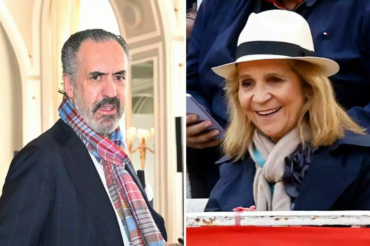 Jaime de Marichalar and Infanta Elena posing in different settings, one with a scarf and the other with a hat.