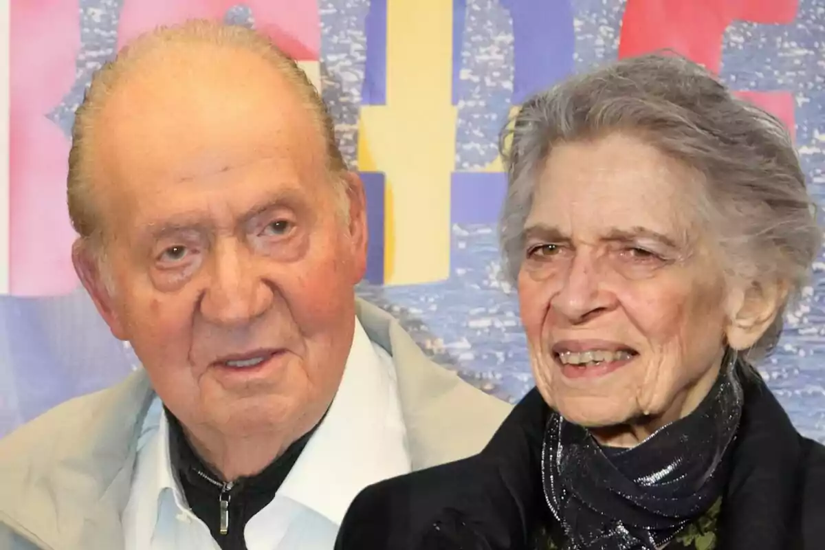 Juan Carlos I i Irene de Grècia posant juntes davant d'un fons colorit. Juan Carlos I i Irene de Grècia posant juntes davant d'un fons colorit.
