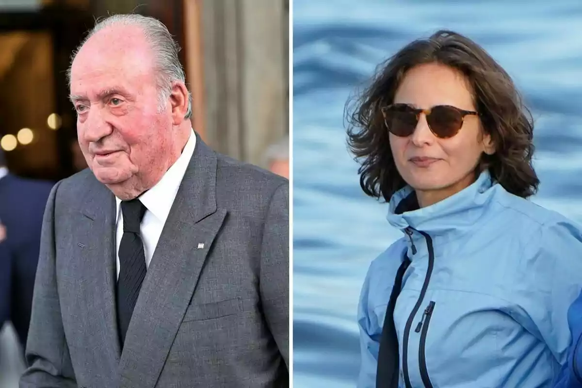 Juan Carlos I and Laurence Debray appear in a split image; on the left, an older man in a gray suit and black tie, and on the right, a woman in a light blue jacket and sunglasses, with a water background. Juan Carlos I and Laurence Debray appear in a split image; on the left, an older man in a gray suit and black tie, and on the right, a woman in a light blue jacket and sunglasses, with a water background.