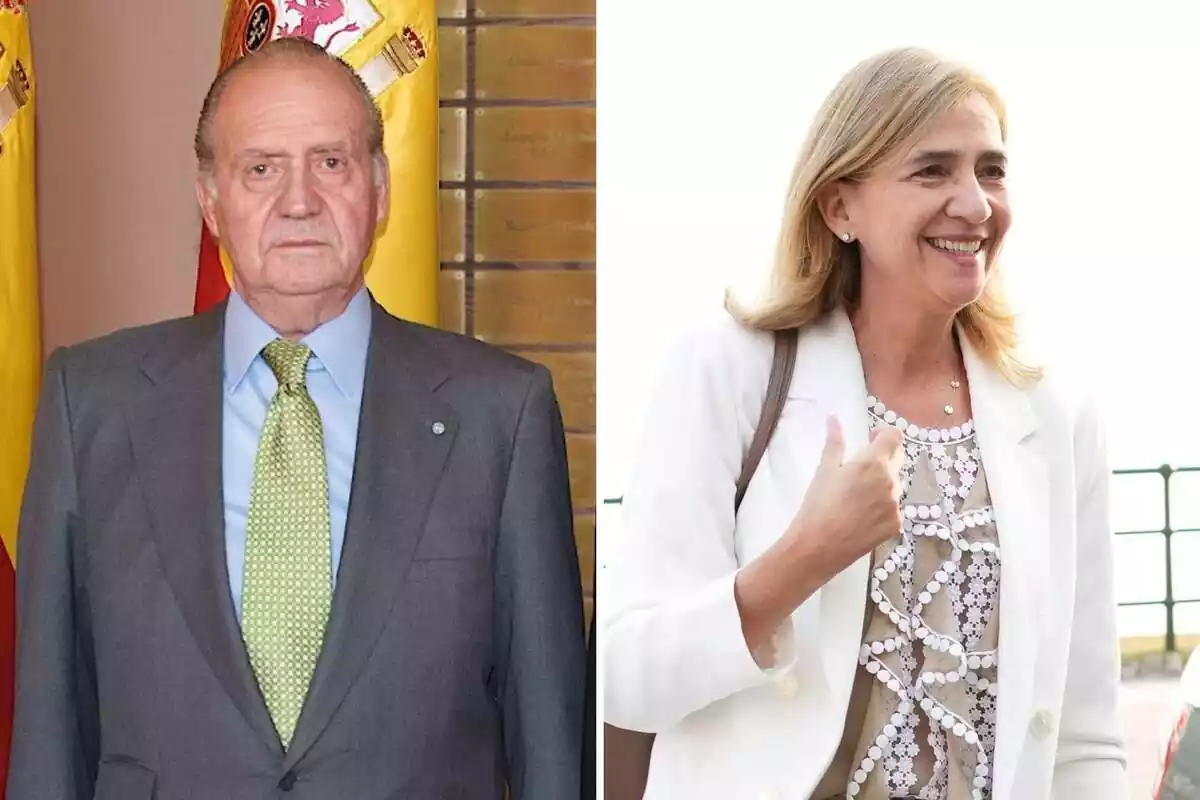 Montaje de Juan Carlos I serio con traje y la infanta Cristina sonriendo con una chaqueta blanca Montaje de Juan Carlos I serio con traje y la infanta Cristina sonriendo con una chaqueta blanca