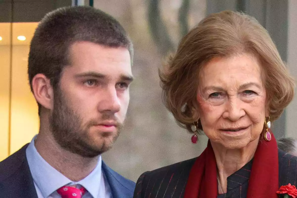 Montage of Juan Urdangarin serious in suit and Queen Sofia smiling with a red scarf Montage of Juan Urdangarin serious in suit and Queen Sofia smiling with a red scarf