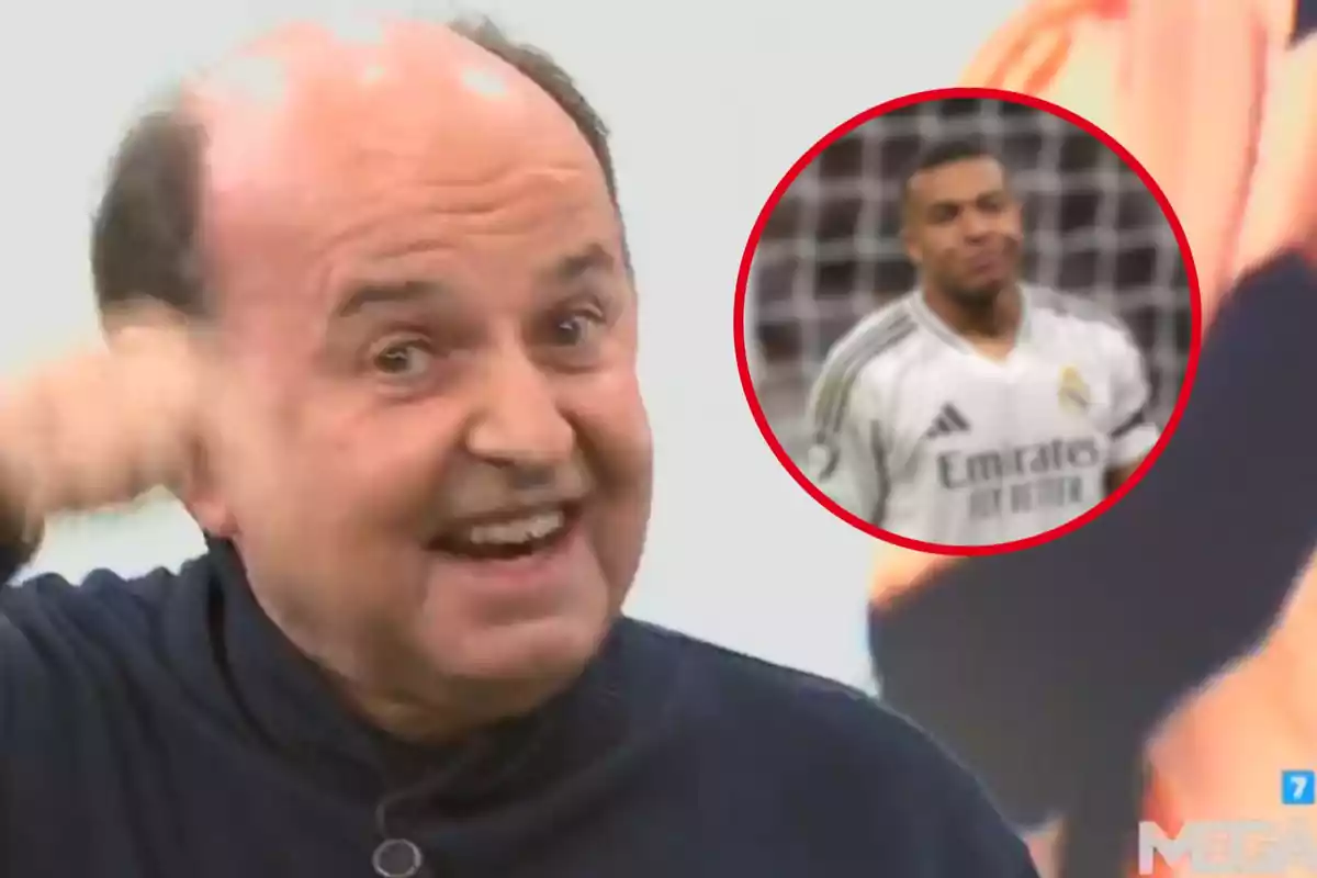 Un hombre sonriente gesticula con entusiasmo mientras en un círculo rojo se muestra a un jugador de fútbol con la camiseta del Real Madrid.