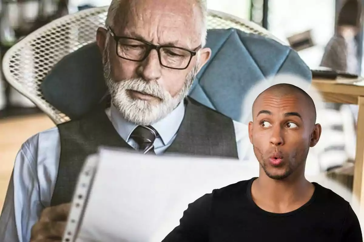 Un hombre mayor con barba y gafas lee un documento mientras un hombre más joven con expresión sorprendida lo observa.