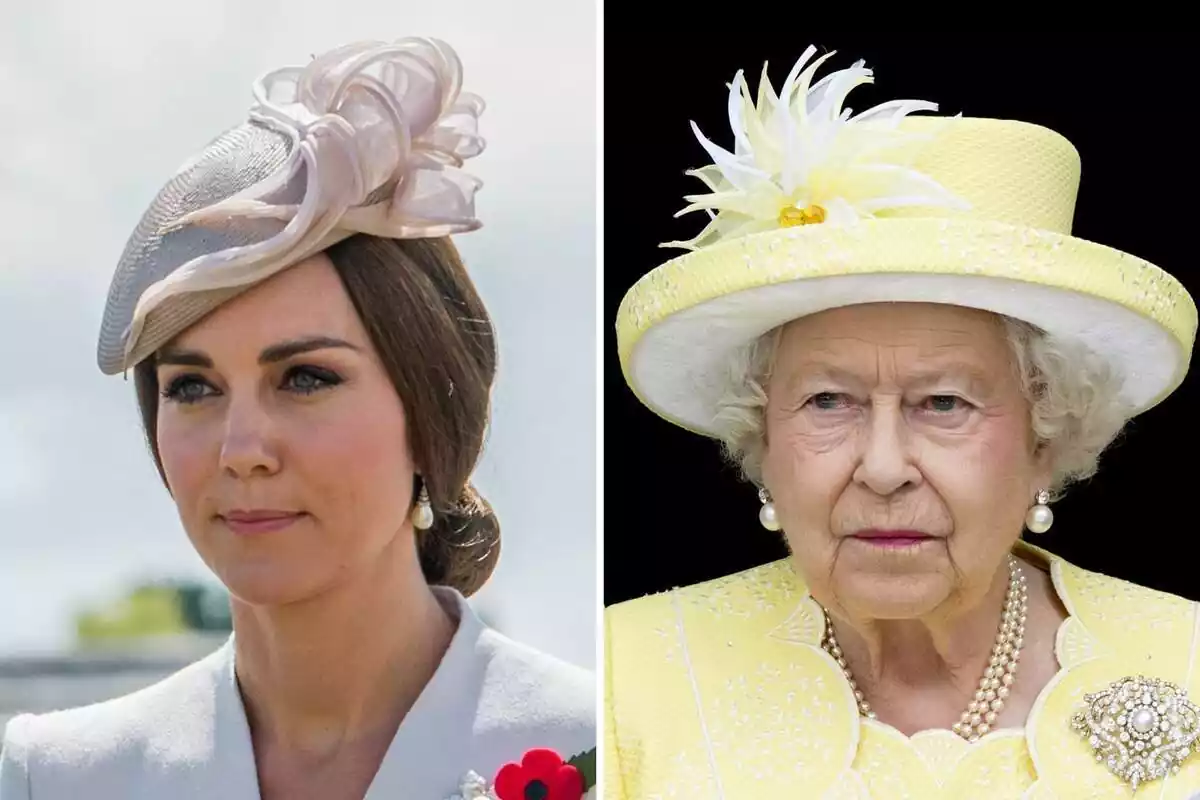 Montaje de Kate Middleton con un tocado beige y la reina Isabel vestida de amarillo Montaje de Kate Middleton con un tocado beige y la reina Isabel vestida de amarillo