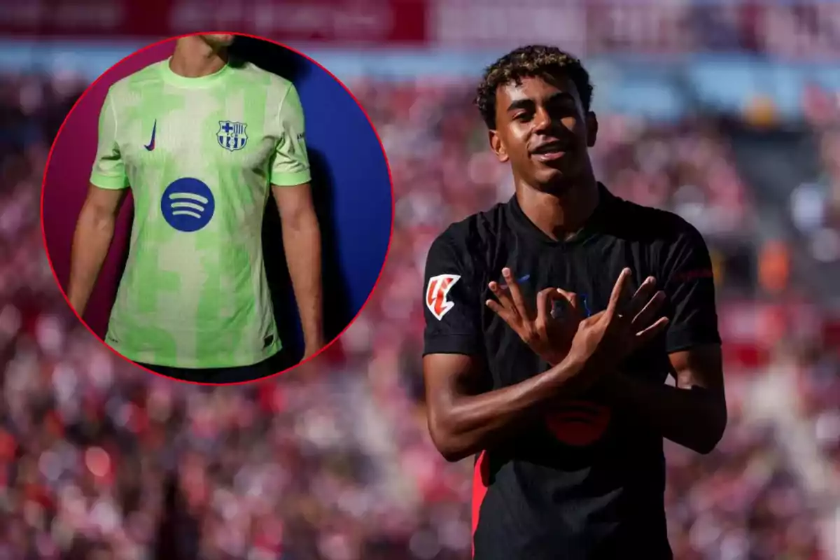 Un jugador de fútbol celebrando en el campo con una camiseta negra, y en un recuadro se muestra una camiseta verde con el logo de Spotify.