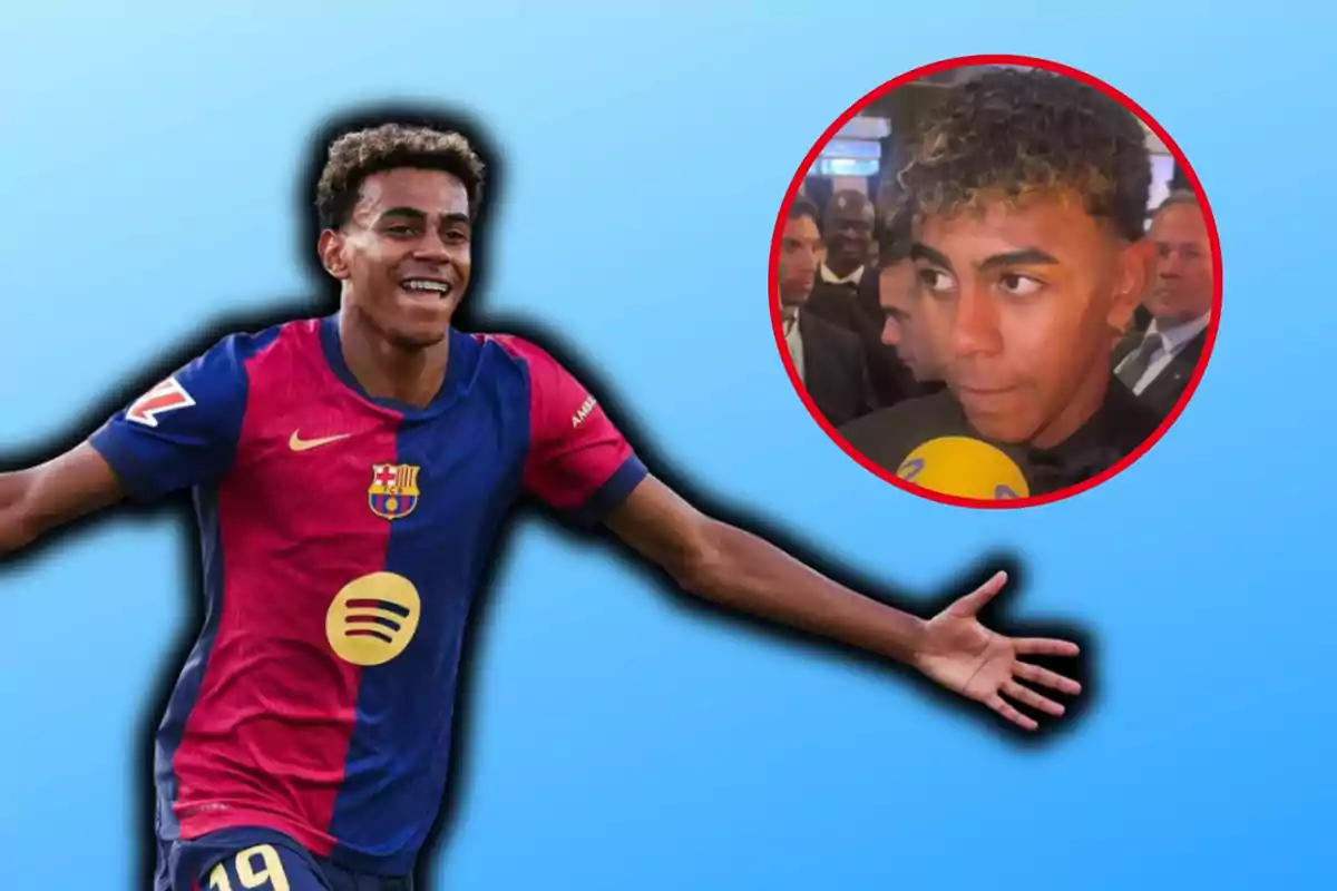 Un jugador de futbol amb la samarreta del Barcelona celebrant, amb un requadre de la cara en una entrevista.