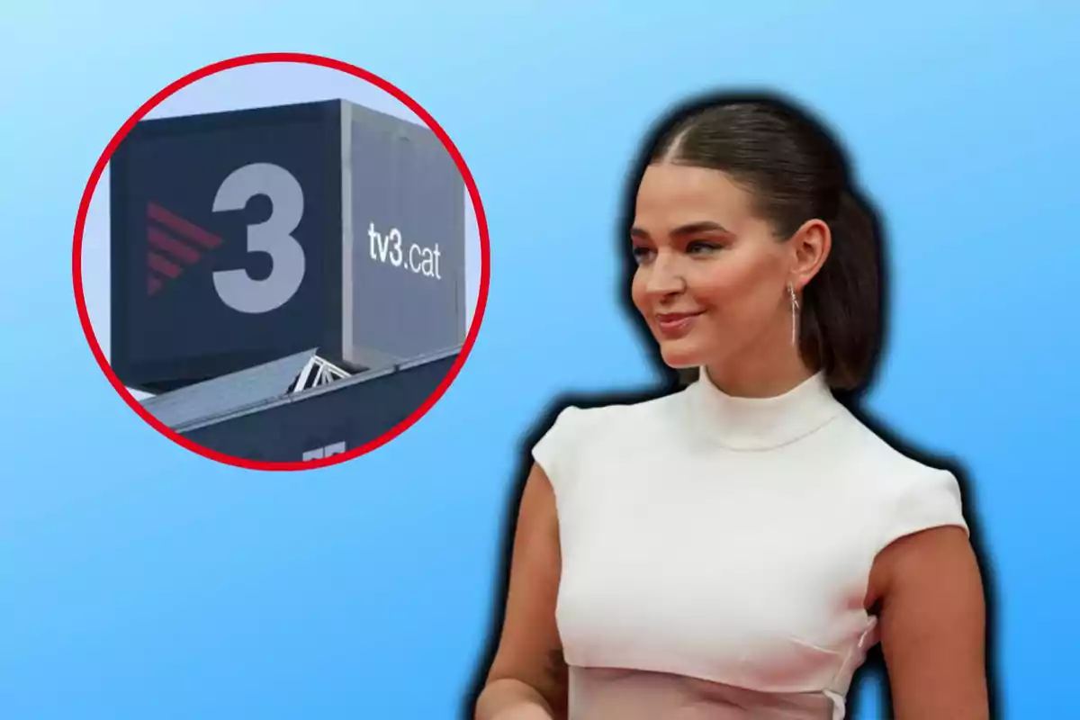 Mujer con vestido blanco y fondo azul junto al logo de TV3 en un círculo rojo.