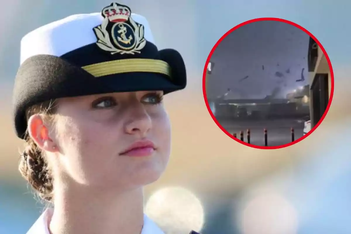 Una persona con uniforme naval y un emblema en el sombrero, con una imagen circular insertada que muestra una escena de tormenta con escombros volando.