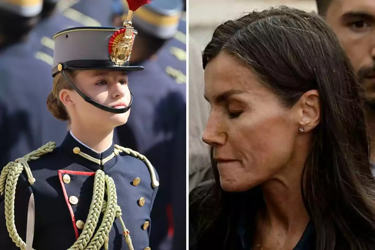 Leonor dressed in military uniform and Letizia in profile with a serious expression. Leonor dressed in military uniform and Letizia in profile with a serious expression.
