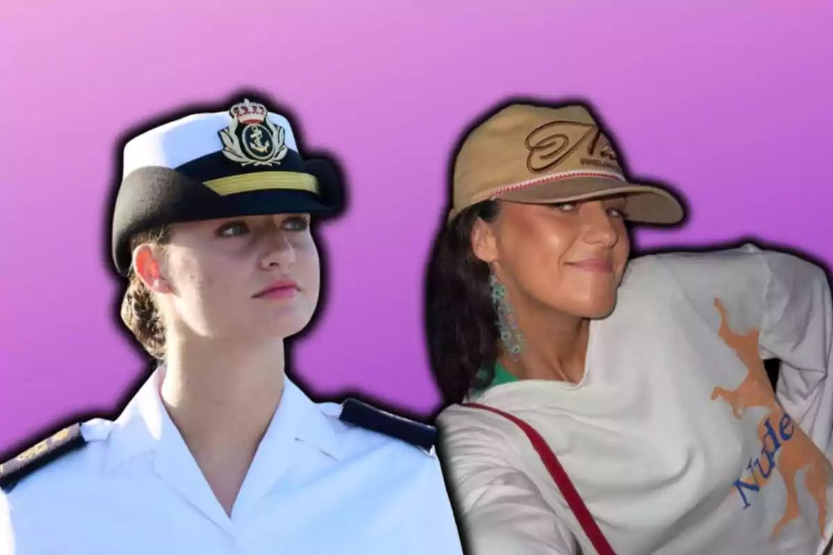 Dos mujeres posan frente a un fondo morado, una lleva un uniforme naval y la otra una gorra casual.