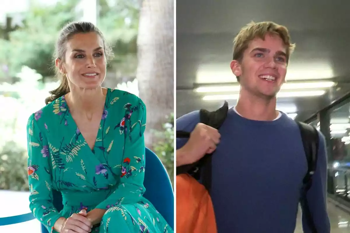 Letizia con un vestido verde estampado y Miguel Urdangarin con una mochila. Letizia con un vestido verde estampado y Miguel Urdangarin con una mochila.