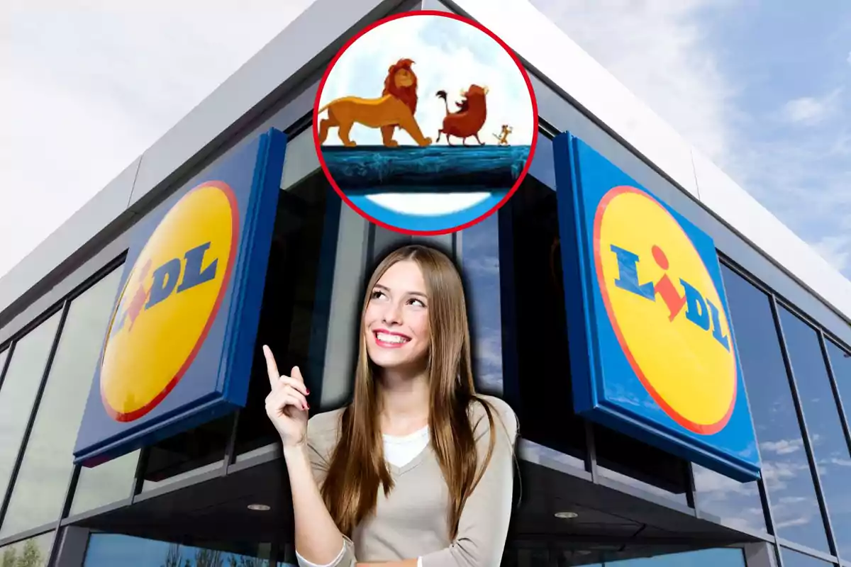 Una mujer sonriente señala hacia arriba frente a un edificio con el logo de Lidl y un círculo que muestra una escena de una película animada.