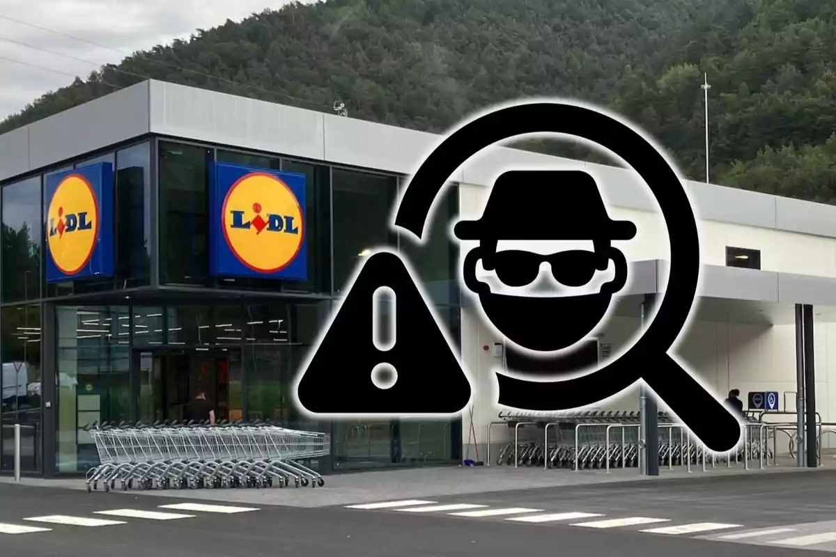 Fachada de una tienda Lidl con un símbolo de advertencia y un icono de espía superpuesto.