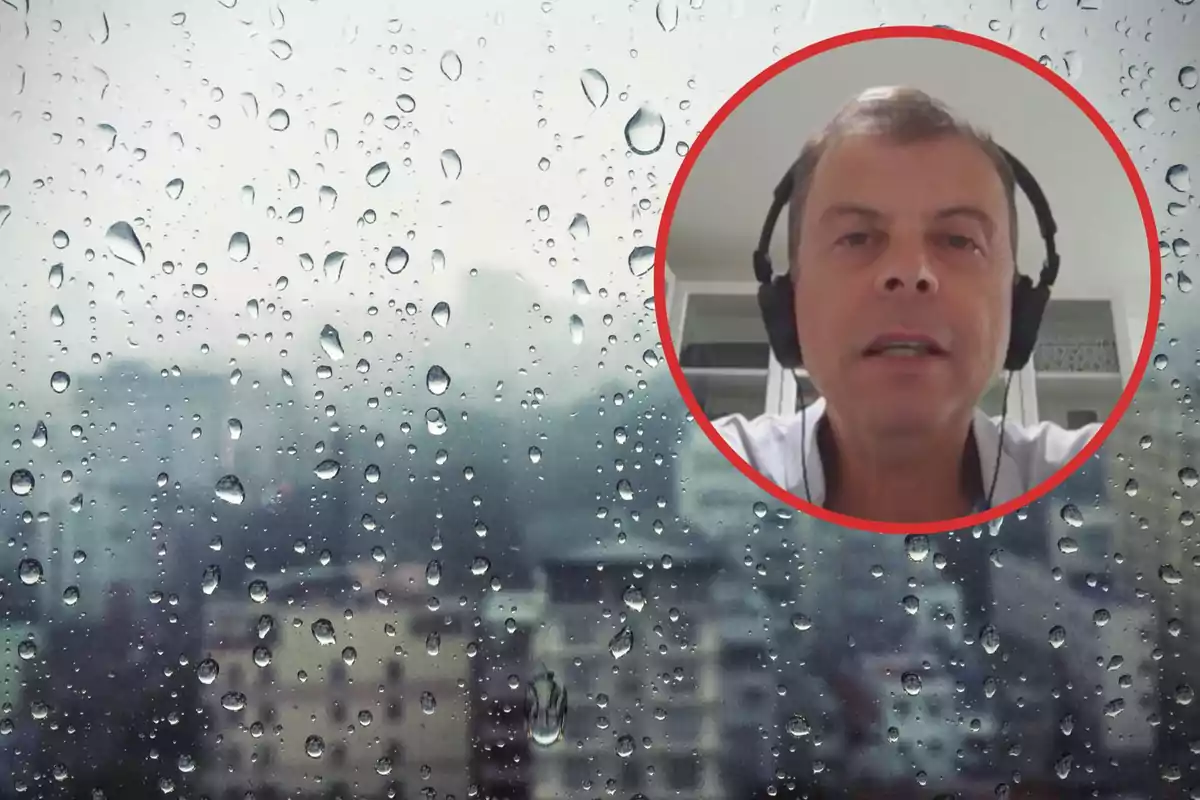 Una ventana con gotas de lluvia y un hombre con auriculares en un recuadro rojo.