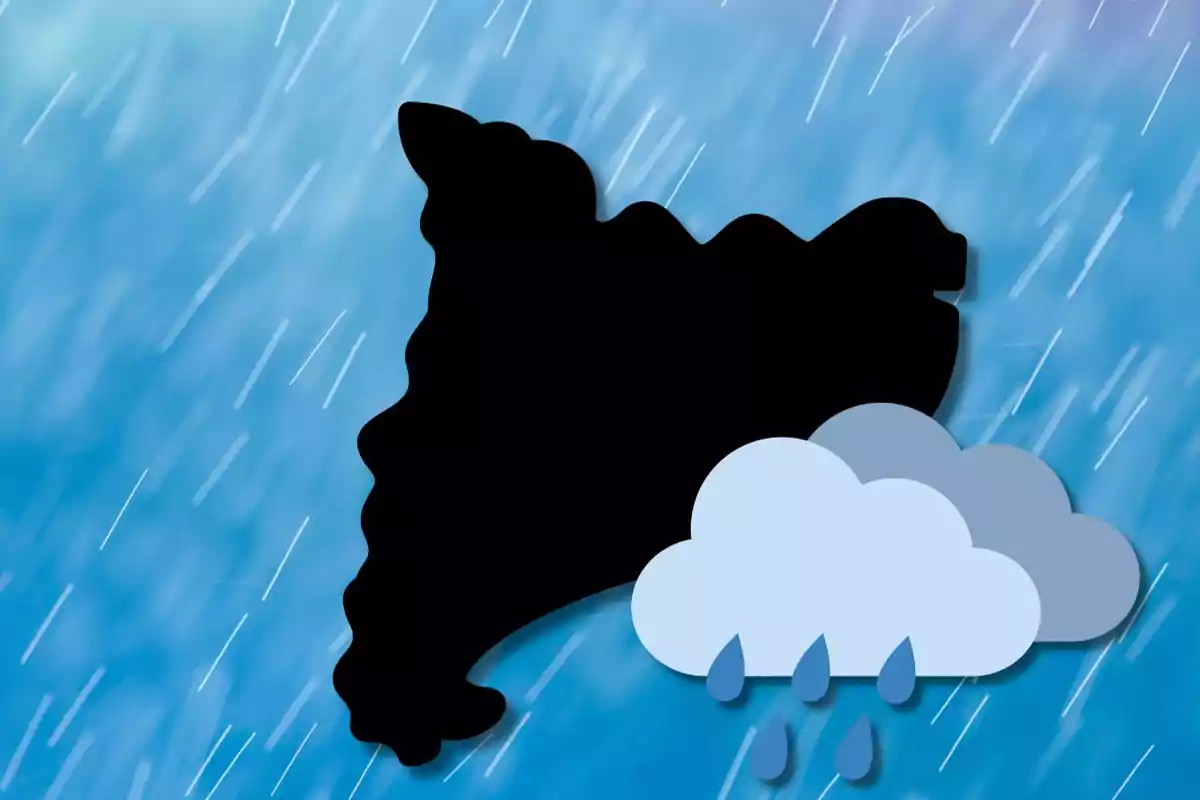 Mapa negro con nube de lluvia sobre fondo azul con líneas que simulan lluvia.