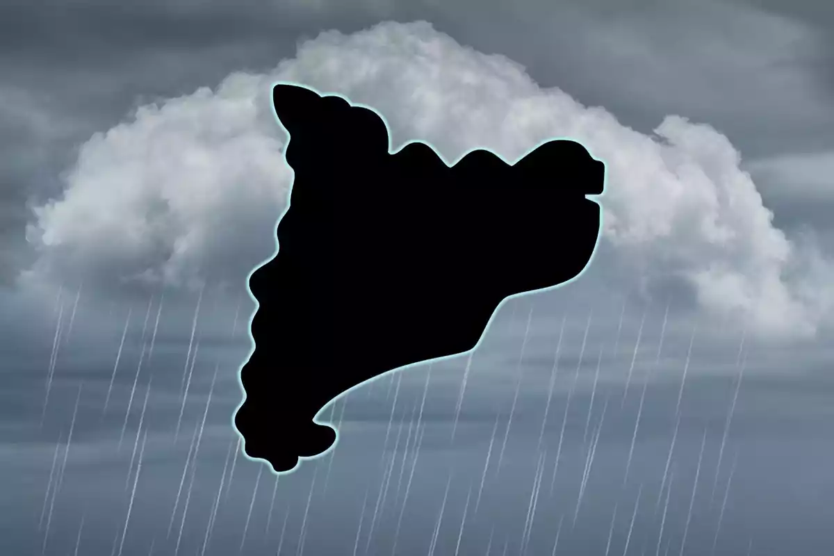 Una nube oscura en el cielo con una silueta negra en el centro y líneas de lluvia cayendo.