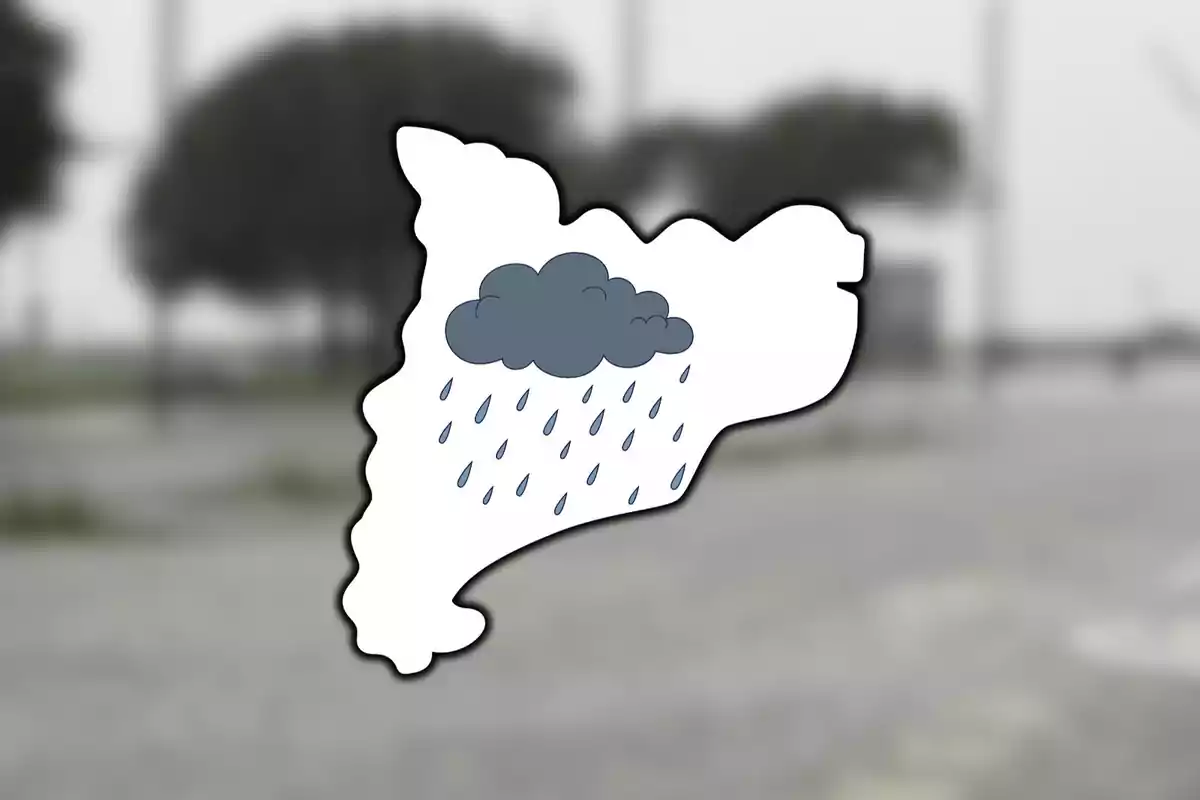 Mapa de una región con un icono de nube y lluvia sobre un fondo borroso.