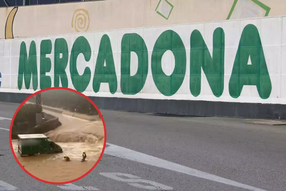 Un cartel grande de Mercadona en una pared con una imagen insertada de un camión verde atrapado en una inundación y dos personas en el agua.