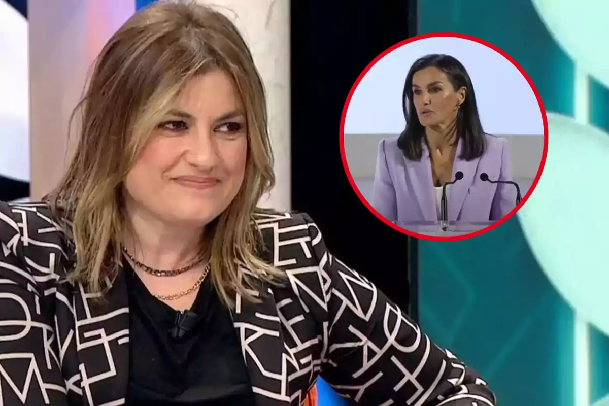 Una mujer sonríe en un programa de televisión con un recuadro que muestra a otra mujer hablando en un podio.