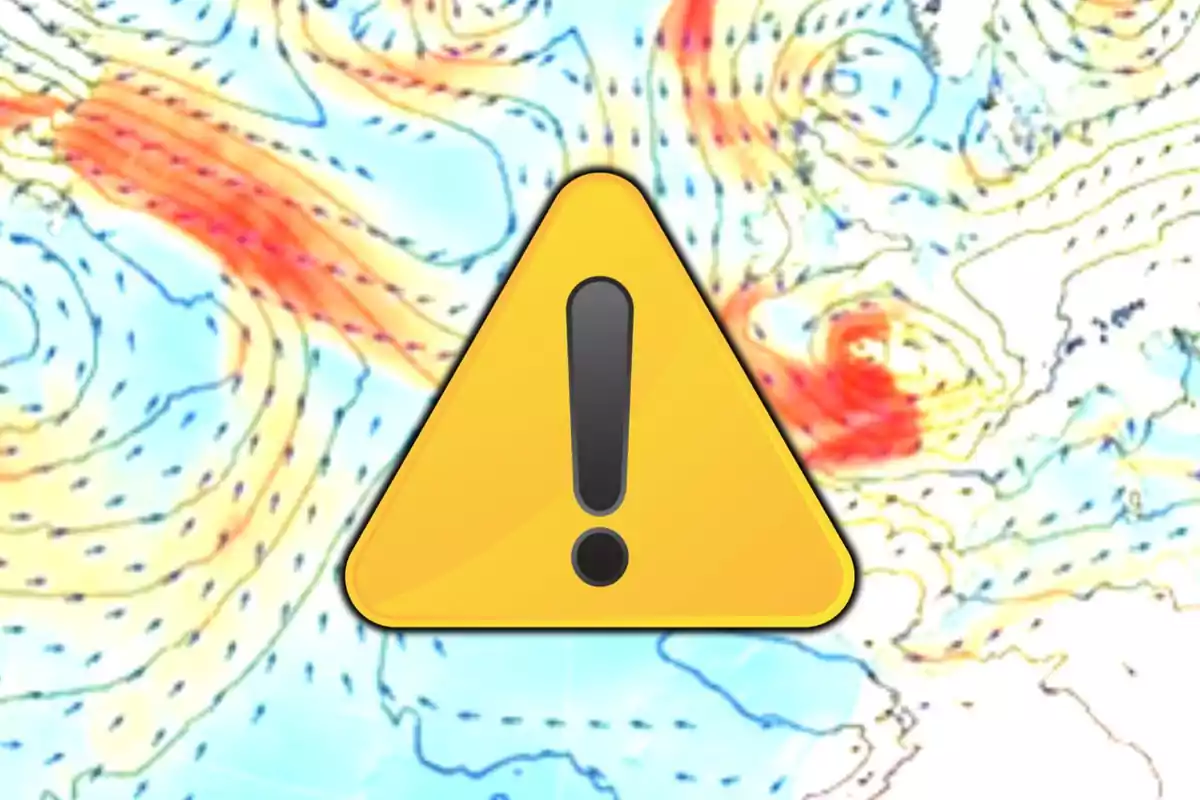 Mapa meteorológico con un símbolo de advertencia amarillo superpuesto.