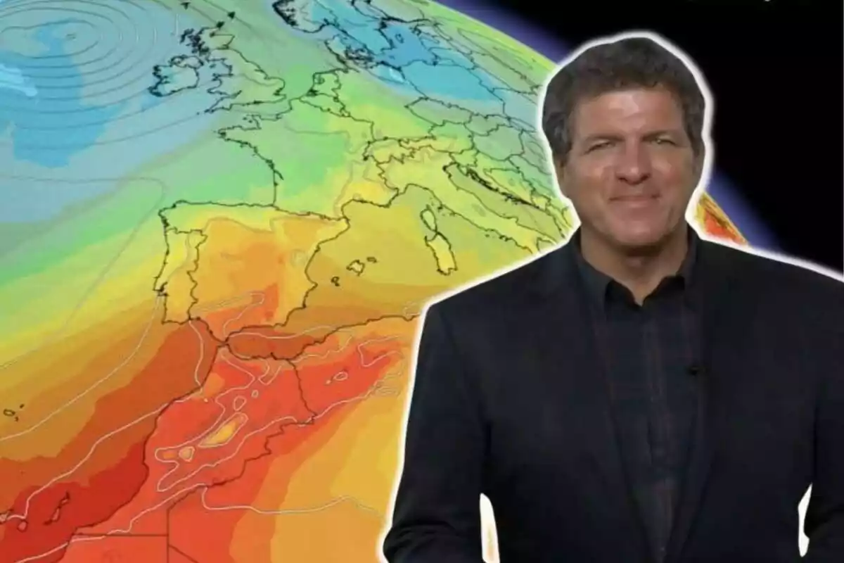 Montaje con un mapa radar de temperatura de Europa y Mario Picazo contento Montaje con un mapa radar de temperatura de Europa y Mario Picazo contento