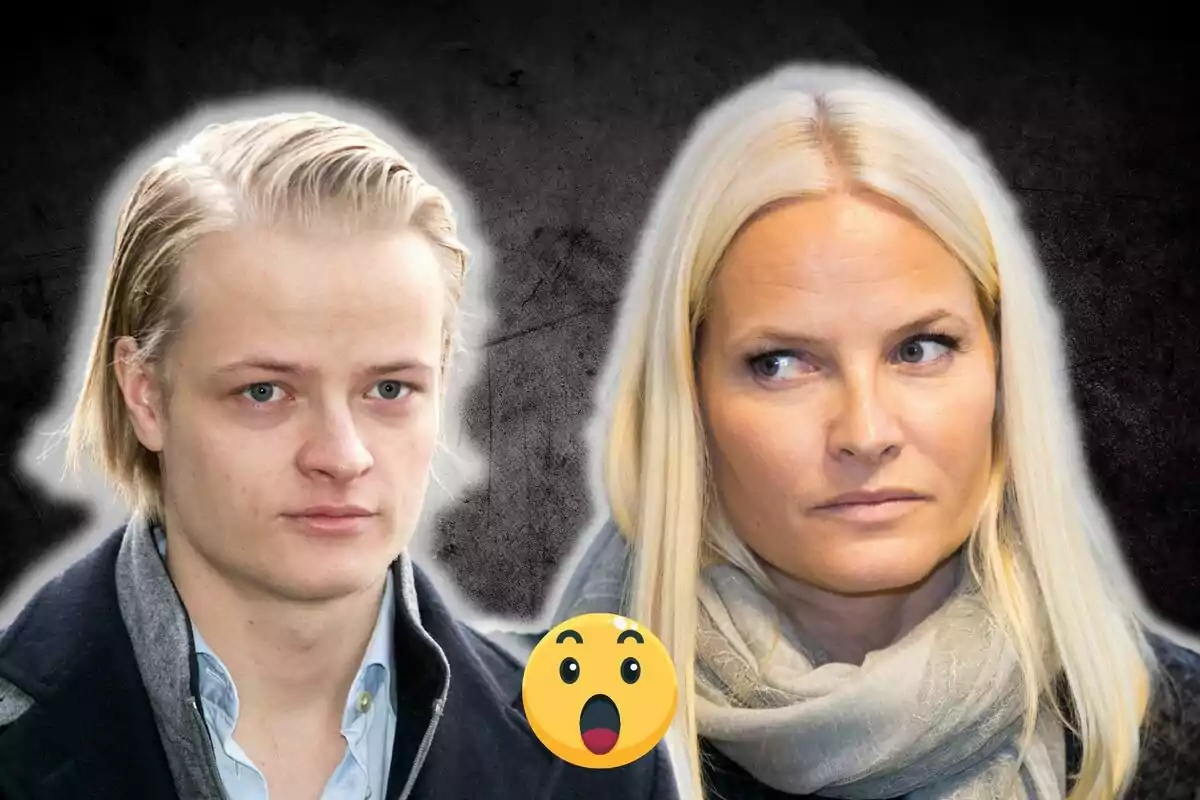 Marius Borg i Mette-Marit amb expressions serioses i un emoji sorprès al centre sobre un fons fosc.