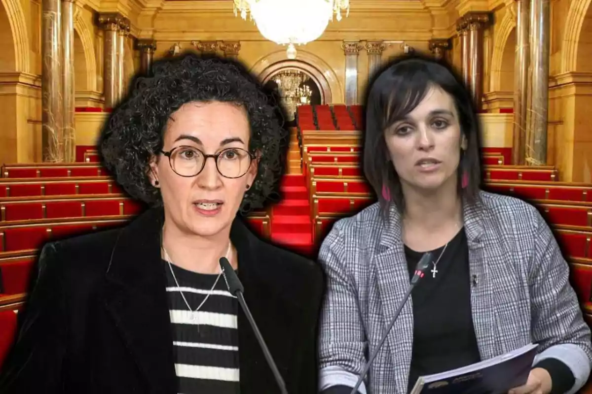 Dos mujeres hablando frente a micrófonos con un fondo de un salón parlamentario.