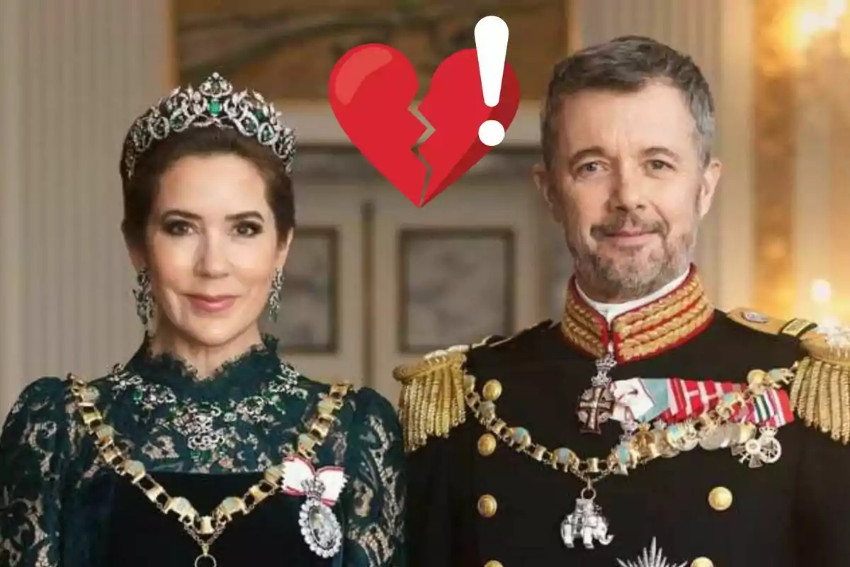 Mary Donaldson and Frederik of Denmark dressed to the nines with a broken heart emoji above them.
