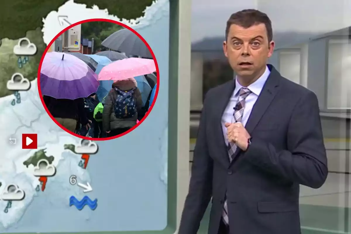 Un presentador del clima en un estudio de televisión con un mapa meteorológico que muestra nubes y lluvia mientras un recuadro destaca a personas con paraguas de colores en un día lluvioso.