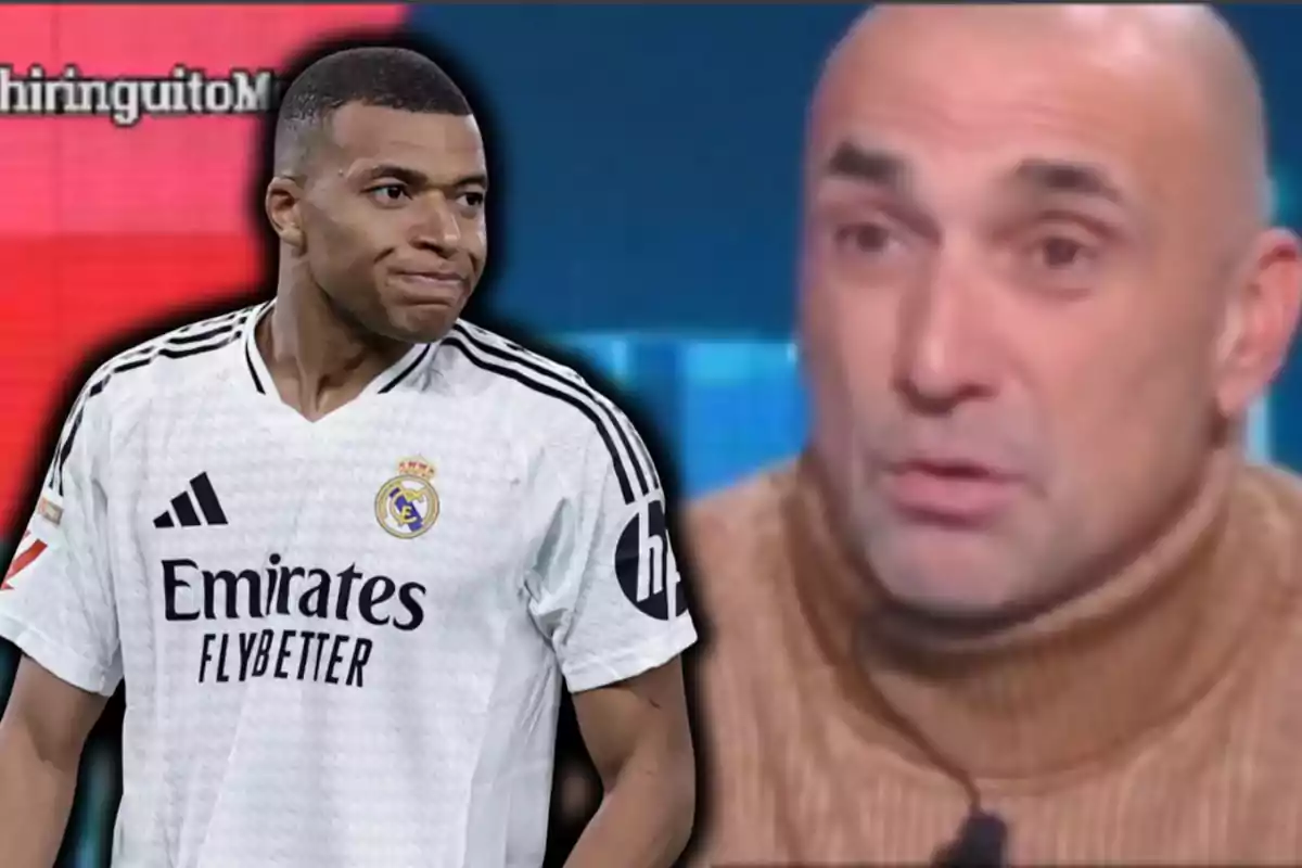 Un jugador de fútbol con la camiseta del Real Madrid aparece junto a un hombre calvo en un programa de televisión.