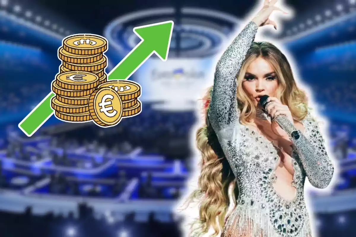 Una cantant amb un micròfon a la mà dreta i un vestit brillant està en un escenari il·luminat mentre al seu costat hi ha una il·lustració de monedes amb el símbol de l'euro i una fletxa verda apuntant cap amunt. Una cantant amb un micròfon a la mà dreta i un vestit brillant està en un escenari il·luminat mentre al seu costat hi ha una il·lustració de monedes amb el símbol de l'euro i una fletxa verda apuntant cap amunt.