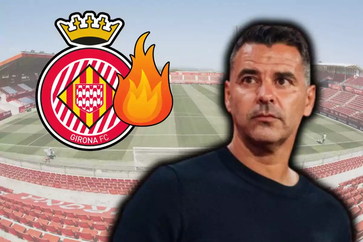 Un hombre con camiseta oscura aparece en primer plano, junto al escudo del Girona FC y un emoji de fuego, con un estadio de fútbol de fondo.