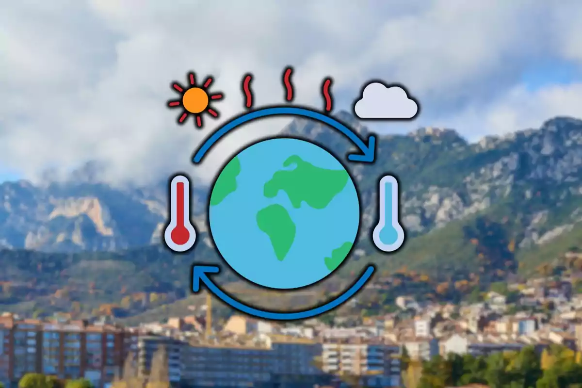 Il·lustració de canvi climàtic amb un planeta Terra envoltat de fletxes, un sol, un núvol i termòmetres sobre un fons de paisatge muntanyós.