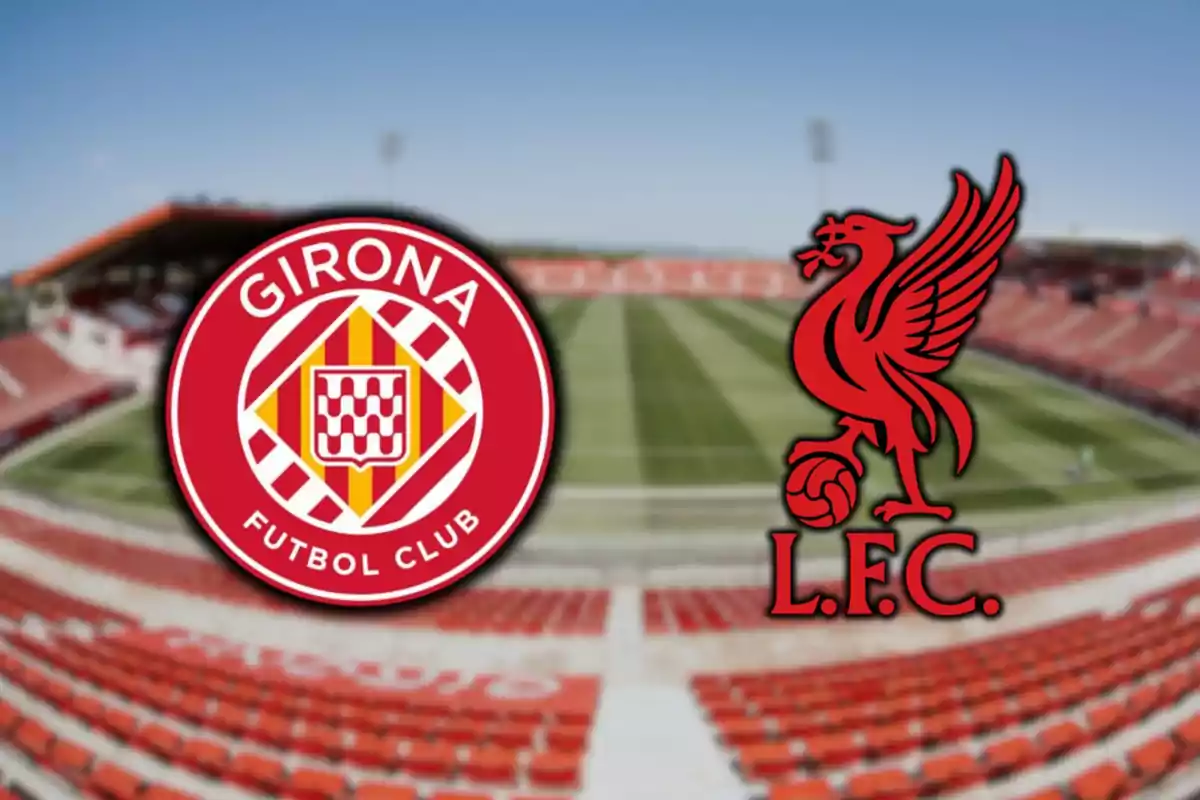 Logos de los equipos de fútbol Girona y Liverpool sobre un estadio de fondo.