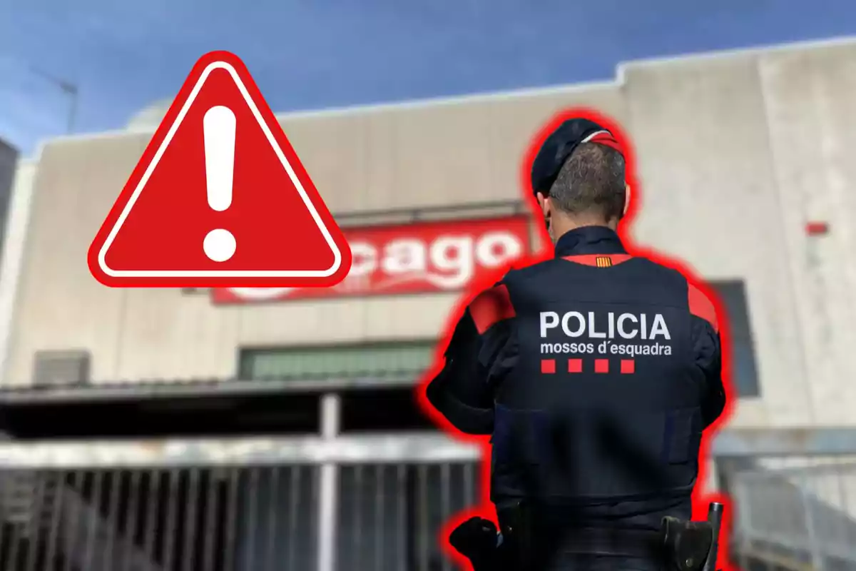 Un agent de policia d'esquena amb un uniforme dels Mossos d'Esquadra davant d'un edifici, acompanyat d'una icona d'advertència en vermell.