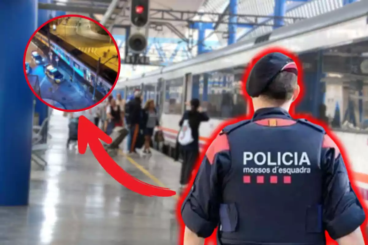 Un agent dels Mossos d'Esquadra en una estació de tren amb un requadre que mostra una escena de patrullatge policial en un carrer.